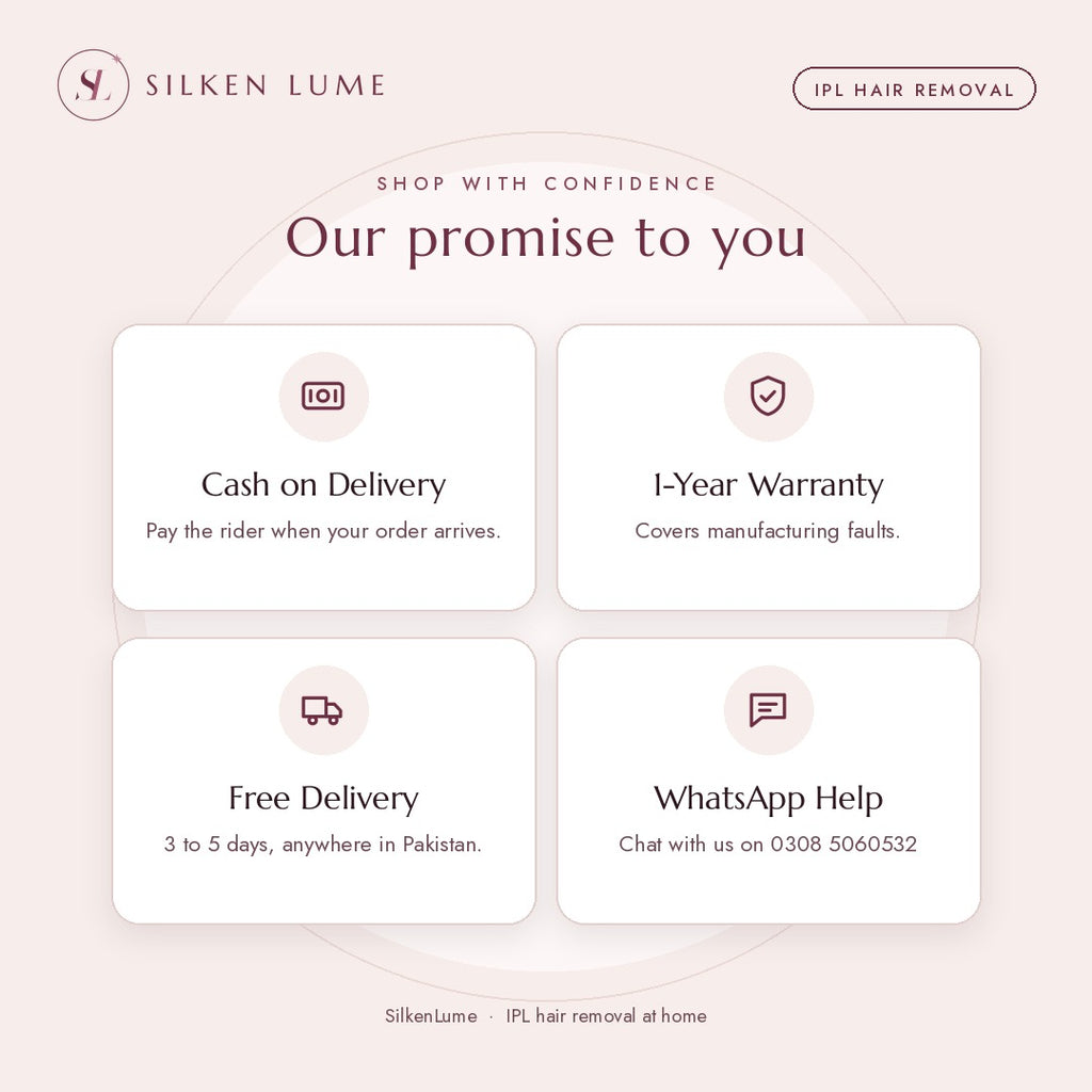 SilkenLume promise: Cash on Delivery, 1-year warranty, free delivery in 3 to 5 days, WhatsApp help