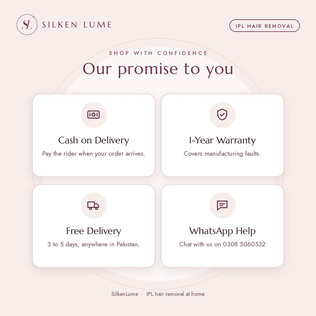 SilkenLume promise: Cash on Delivery, 1-year warranty, free delivery in 3 to 5 days, WhatsApp help